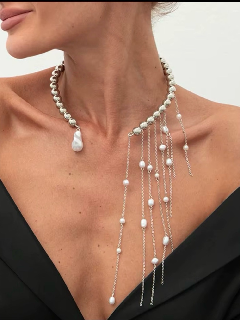 Delicate Silver Pearl Fringe Necklace